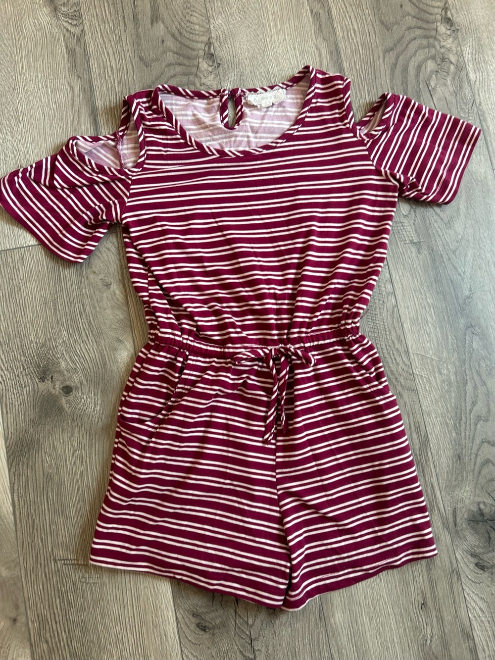 btween Burgundy and White Striped Cold-Shoulder Romper Sz 10